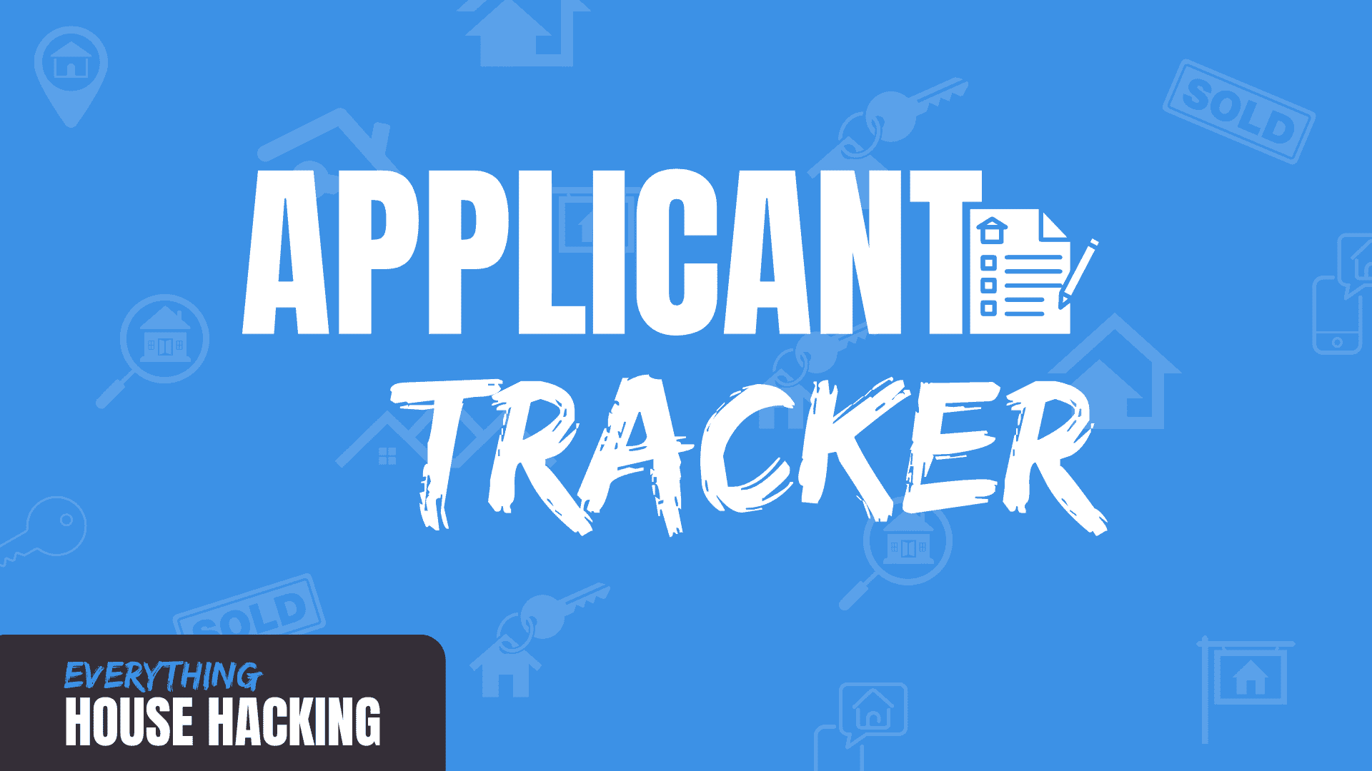 White text saying applicant tenant tracker on blue background with list clip art