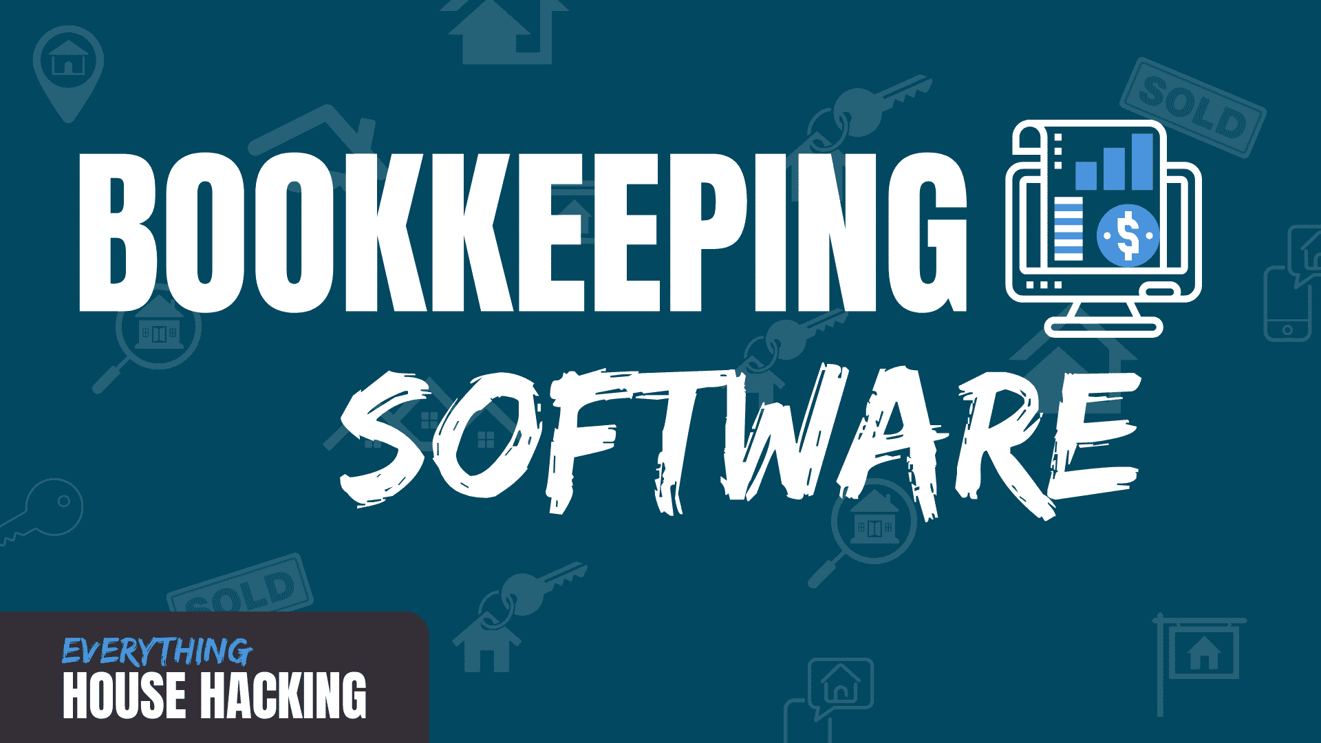 White text saying bookkeeping software on dark blue background