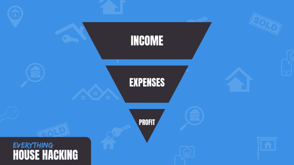 house hacking deal analysis upside down gray pyramid with white text saying income expenses and profit