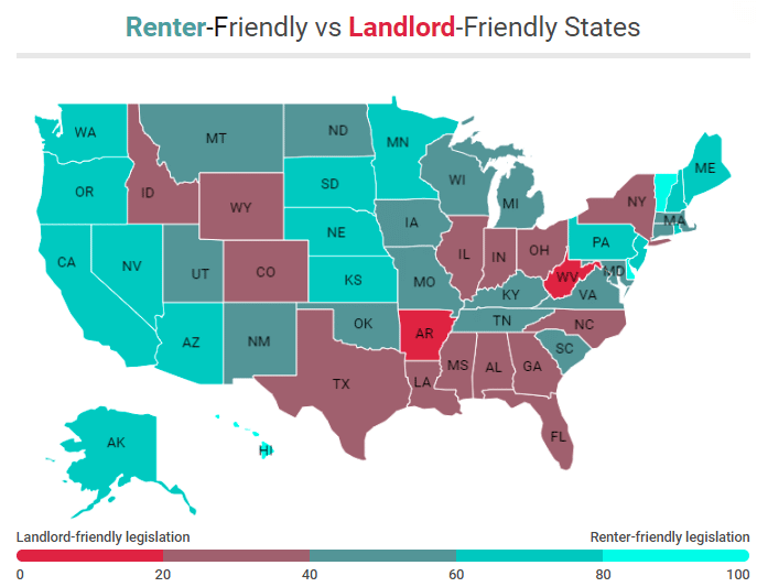 United States map showing house hacking nj tenant versus landlord friendly states